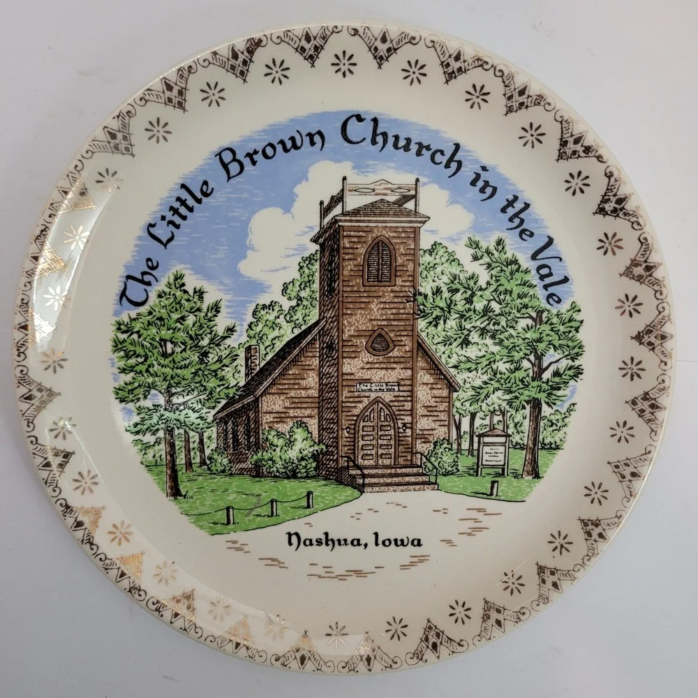 Vintage Souvenir Plate Gold Trim The Little Brown Church in the Vale Nashua Iowa